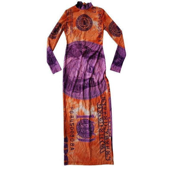 No 1 Los Angeles Bodycon $100 Orange Purple Sheer Y2K Mesh Long Maxi Dress L - Picture 4 of 16